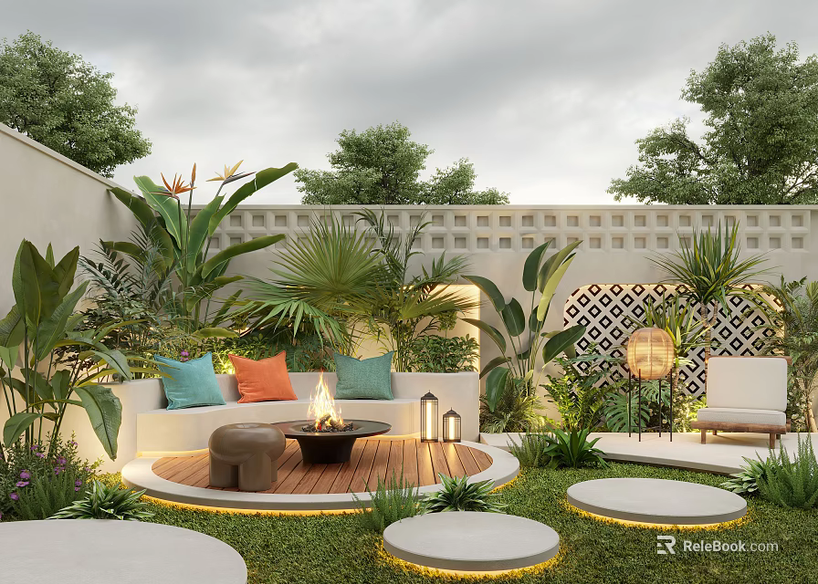 Serene Courtyard Garden With Outdoor Sofa Colorful Cushions Fire Pit Wooden Deck And Lush Plants 3d model 