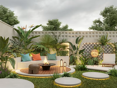 Serene Courtyard Garden With Outdoor Sofa Colorful Cushions Fire Pit Wooden Deck And Lush Plants 3d model