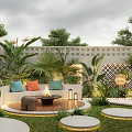 Serene Courtyard Garden With Outdoor Sofa Colorful Cushions Fire Pit Wooden Deck And Lush Plants