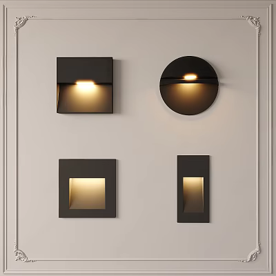 Modern Black Wall Lamps with Square and Round Designs on White Wall with Warm Light 3d model