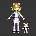 Cat Eared Girl In Purple Dress With Blue Top And Striped Socks Beside Teddy Bear