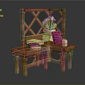 Wooden Stool With Diamond Lattice Backrest And Stacked Books Flower Vase Boxes Candle