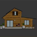 Wooden Log Cabin with Black Roof Skylight Front Porch Chairs Table and Potted Plants