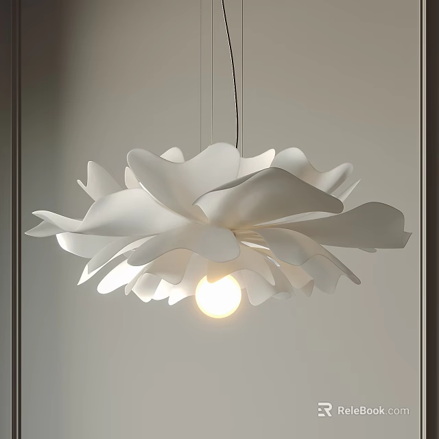 White Flower Shaped Chandelier with Delicate Petals and Illuminated Bulb Modern Artistic Home Lighting 3d model 
