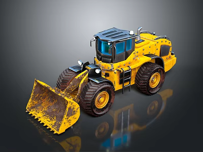 Yellow Construction Loader With Large Bucket Black Tires Front Cab And Reflective Surface 3d model