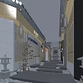 Japanese Style Hotel Corridor with Wooden Decor Hanging Lanterns Starry Sky Ceiling and Stone Pathway