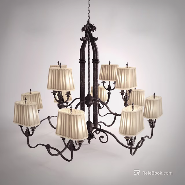 Vintage Metal Chandelier With Intricate Scrollwork And Cream Fabric Shades 3d model 