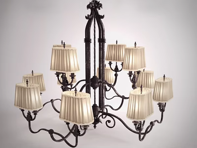 Vintage Metal Chandelier With Intricate Scrollwork And Cream Fabric Shades 3d model