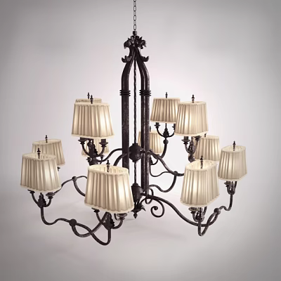Vintage Metal Chandelier With Intricate Scrollwork And Cream Fabric Shades 3d model