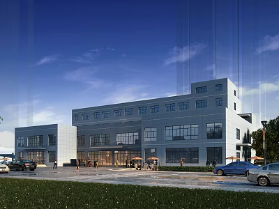 Modern Office Building With Glass Facade Blue Sky Green Lawn And Parking Area 3d model
