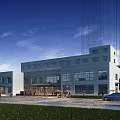 Modern Office Building With Glass Facade Blue Sky Green Lawn And Parking Area