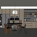 Modern Restaurant Interior With Wooden Cabinets Pendant Light Dining Table Chairs And Kitchen Appliances