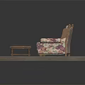 Three Seater Floral Print Upholstered Sofa With Wooden Coffee Table And Patterned Rug