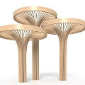 Three Wooden Pillars With Umbrella Shaped Tops And Lattice Structure Design
