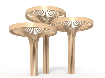 Three Wooden Pillars With Umbrella Shaped Tops And Lattice Structure Design 3d model
