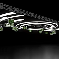 Exhibition Hall Ceiling Design With Metal Framework Circular Lighting And Display Panels