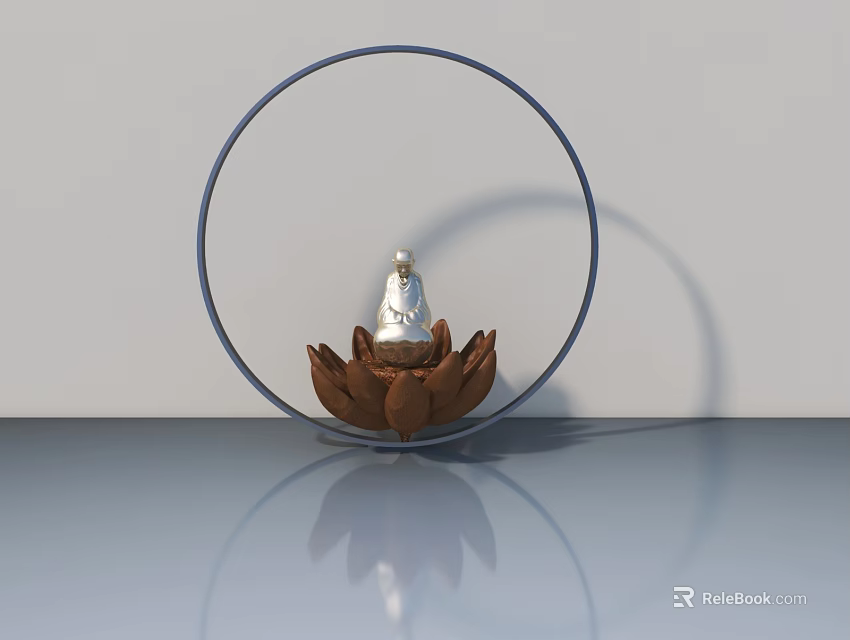 Elegant Swing Door Design Featuring Lotus Statue Circular Frame And Gray Surface 3d model 
