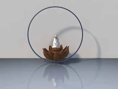 Elegant Swing Door Design Featuring Lotus Statue Circular Frame And Gray Surface 3d model