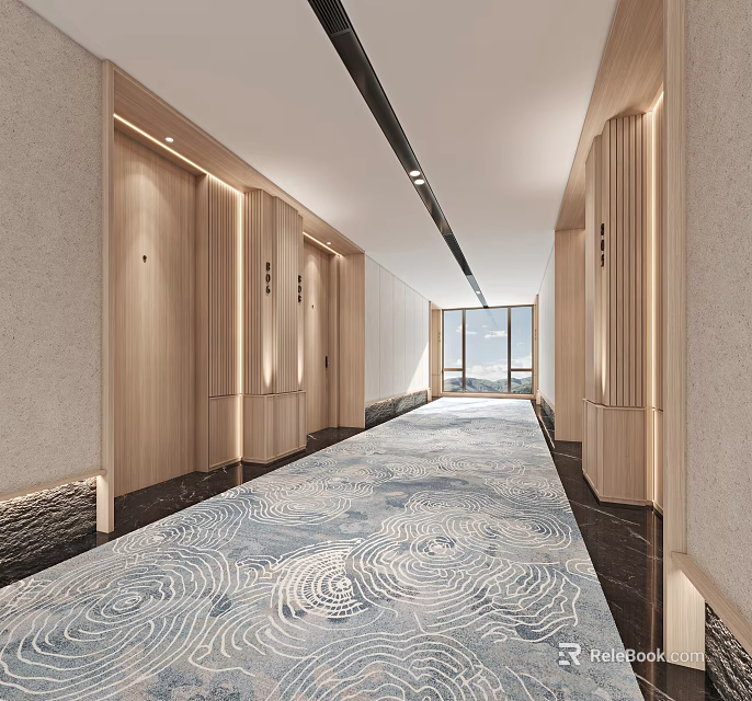 Modern Hotel Corridor With Light Wood Panels And Patterned Carpet 3d model 