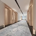 Modern Hotel Corridor With Light Wood Panels And Patterned Carpet 3d model