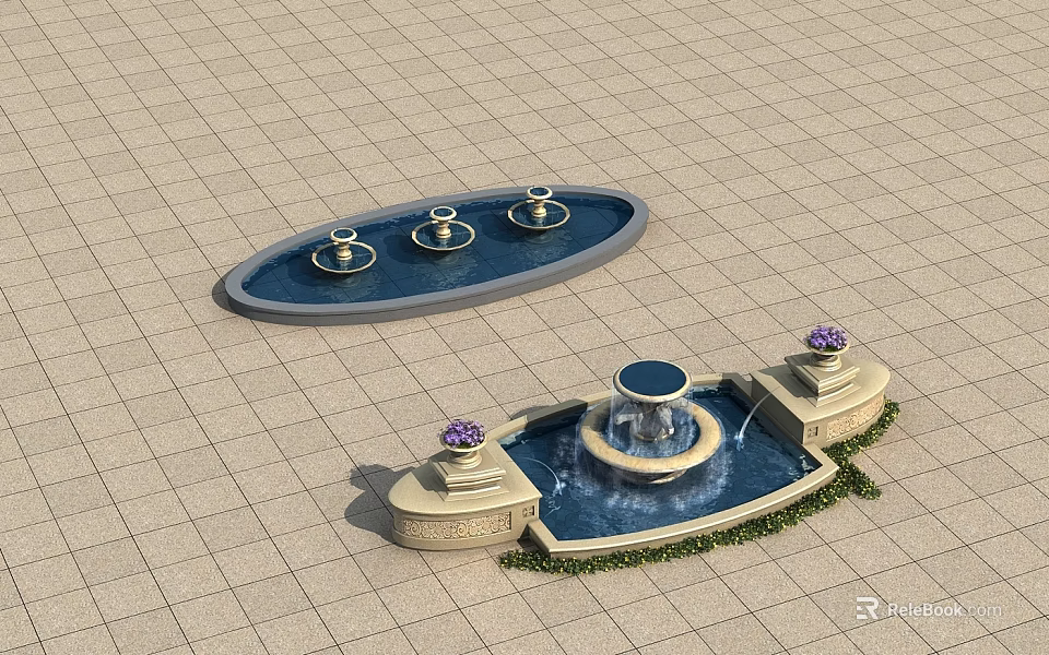 Garden Ornaments With Oval Pool Three Small Fountains Tiered Fountain Flower Pots And Greenery 3d model 