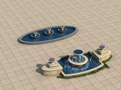 Garden Ornaments With Oval Pool Three Small Fountains Tiered Fountain Flower Pots And Greenery 3d model