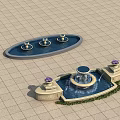Garden Ornaments With Oval Pool Three Small Fountains Tiered Fountain Flower Pots And Greenery
