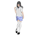 Woman With Gray Hair Wearing Pink Shirt And Plaid Skirt In White Knee High Socks