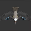 Bird With White Head Brown Beak And Blue Wing Feathers Spread Wings On Dark Background