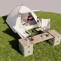 Spacious Camping Tent On Green Grass With Wooden Table Storage Boxes Lantern And Coffee Maker 3d model