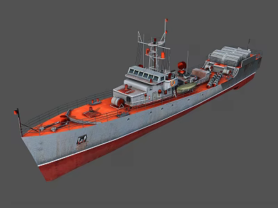 Gray Hull Red Bottom Warship With Deck Equipment Radar Missile Launchers Number 24 3d model