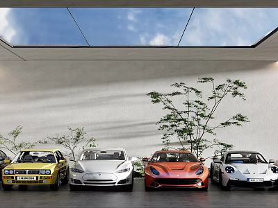Different Colored Cars Parked in Modern Indoor Space with Skylight and Green Plants 3d model