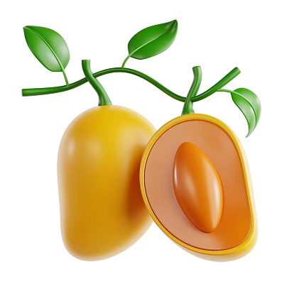 Fresh Ripe Mango Fruit Whole And Halved With Seed And Green Leaves 3d model