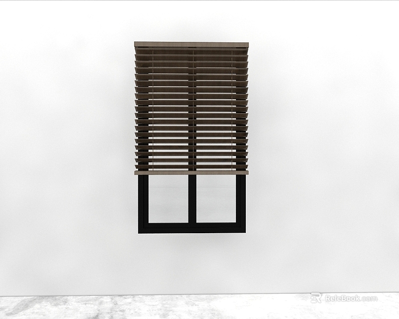 Brown Wooden Window Blinds Mounted On Black Framed Window Against White Wall 3d model 