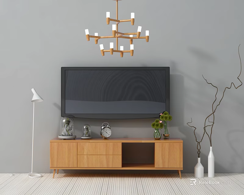 Wooden TV Stand with Decorative Items Clock Green Plant Wall Mounted TV Chandelier on Gray Wall 3d model 