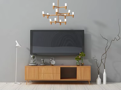Wooden TV Stand with Decorative Items Clock Green Plant Wall Mounted TV Chandelier on Gray Wall 3d model