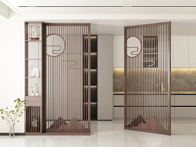 Decorative Wooden Room Divider With Vertical Slats And Circular Patterns In Modern Interior 3d model