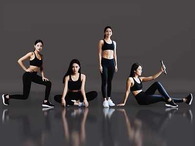 Women Working Out in Black Activewear With Various Fitness Exercise Poses and Equipment 3d model