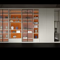 Modern Bookcase With Glass Doors And Orange Shelves Displaying Decorative Items Tea Sets And Books
