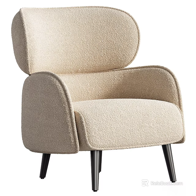 Beige Teddy Fabric Armchair With Wide Armrests High Backrest And Black Wooden Legs 3d model 