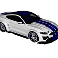 White Ford Mustang Sports Car with Blue Stripes Black Roof and Two Door Design