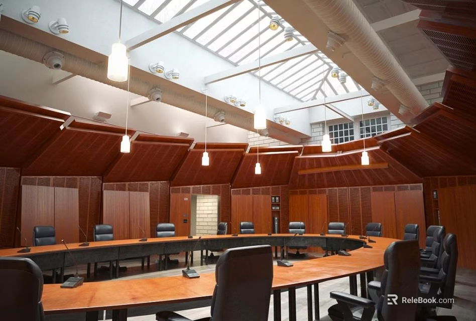 Spacious Conference Room Interior With Wooden Paneling Round Table Hanging Lights And Skylights 3d model 