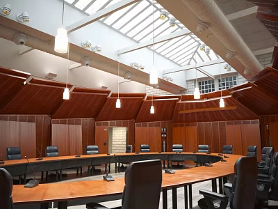 Spacious Conference Room Interior With Wooden Paneling Round Table Hanging Lights And Skylights 3d model