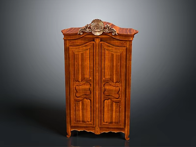 Traditional Wooden Cabinet With Double Doors And Ornamental Carved Top Design 3d model