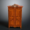 Traditional Wooden Cabinet With Double Doors And Ornamental Carved Top Design