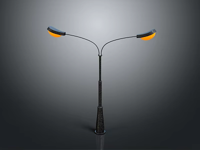 Outdoor Street Light With Curved Double Headed Design And Yellow Lamps On Black Pole 3d model