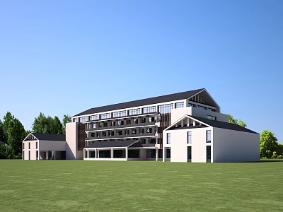 Modern Hotel Building With White Exterior Black Roof Green Lawn Trees And Blue Sky 3d model
