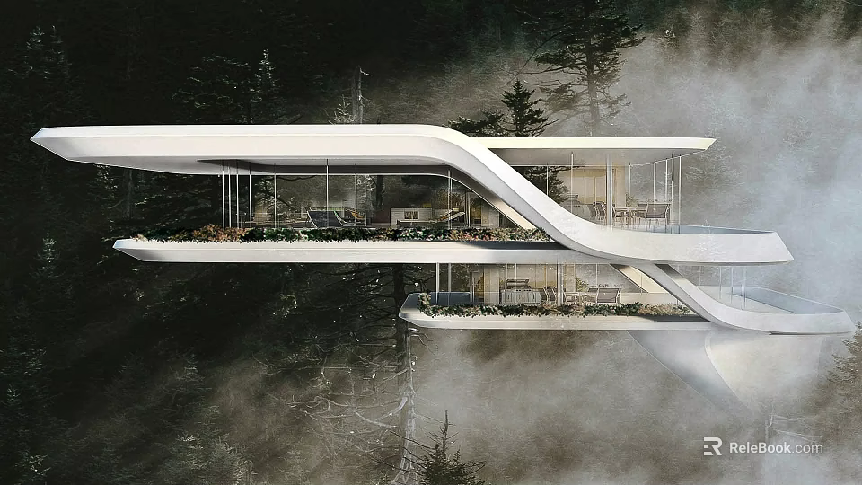 Modern Detached Villa Featuring Floating Design In Misty Mountain With White Exterior And Greenery 3d model 