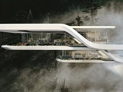 Modern Detached Villa Featuring Floating Design In Misty Mountain With White Exterior And Greenery 3d model