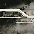 Modern Detached Villa Featuring Floating Design In Misty Mountain With White Exterior And Greenery